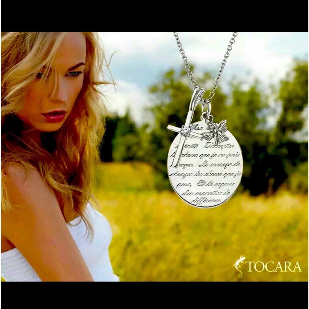 TOCARA Serenity Prayer necklace 18” + 2” s.steel diami diamond